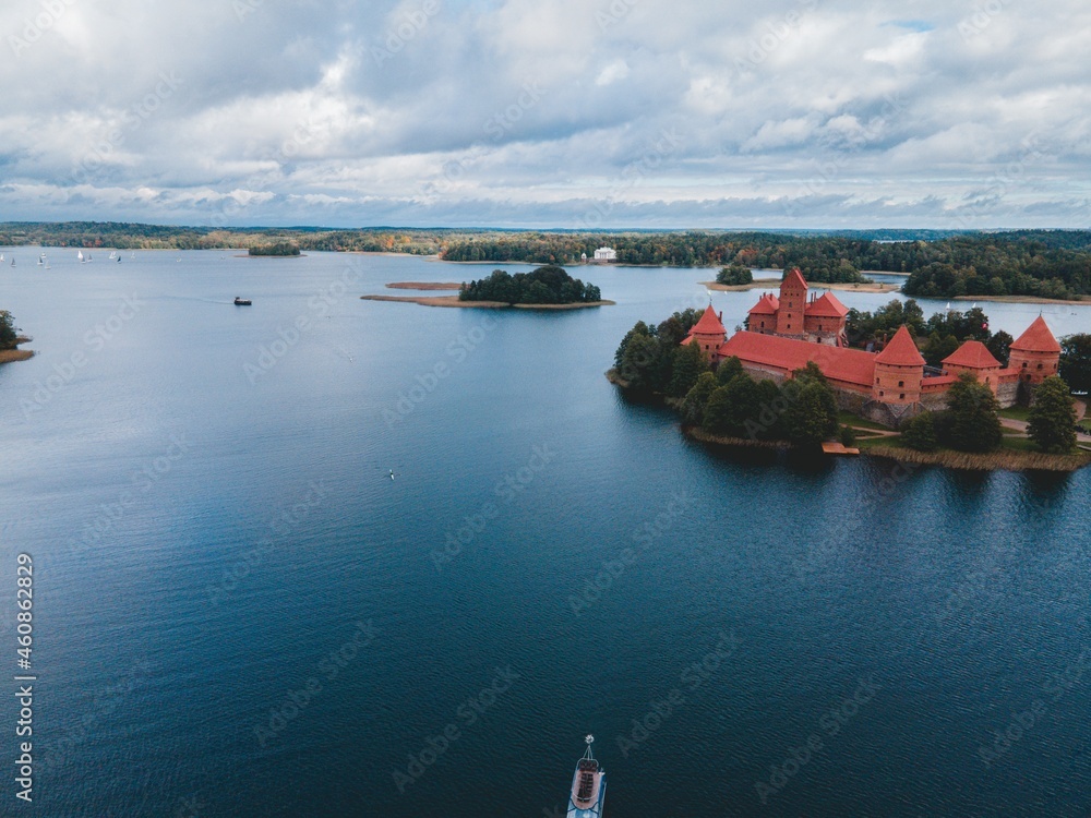 Trakai Island Castle by drone in Lithuania