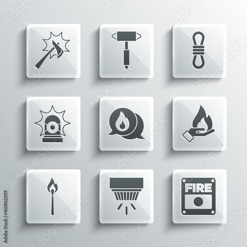 Set Smoke alarm system  Fire  Hand holding fire  Telephone call 911  Burning match with  Flasher siren  Firefighter axe and Climber rope icon. Vector