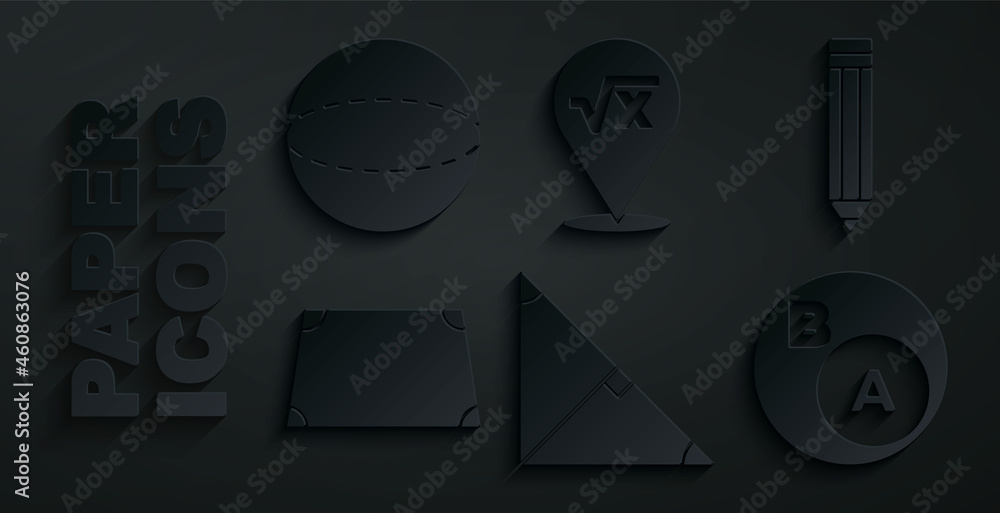 Fototapeta premium Set Angle bisector of a triangle, Pencil, Acute trapezoid shape, Subsets, math, subset, Square root x glyph and Geometric figure Sphere icon. Vector