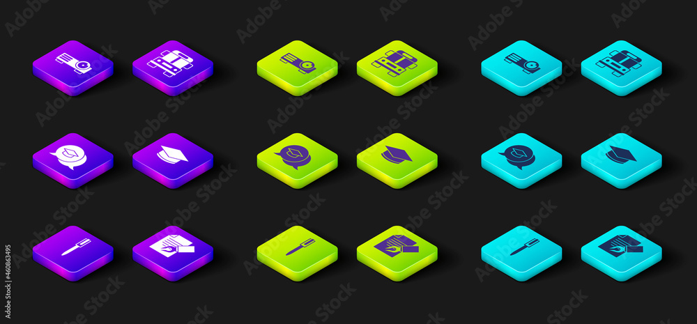 Set Pen, Exam sheet and pencil, Graduation cap in speech bubble, School Bus and Movie, film, media projector icon. Vector Set Pen, Exam sheet and pencil, Graduation cap in speech bubble, School Bus and Movie, film, media projector icon. Vector