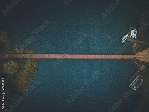 Bridge to Trakai Island Castle in Trakai, Lithuania by Drone © chemistkane