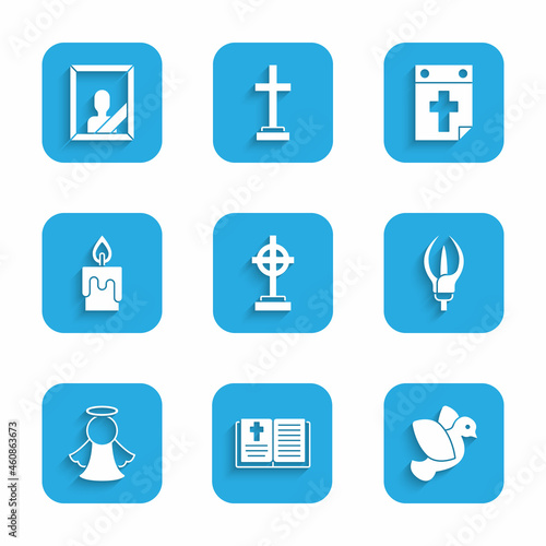 Set Grave with cross, Holy bible book, Dove, Lily flower, Angel, Burning candle, Calendar death and Mourning photo frame icon. Vector