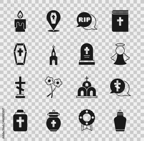 Set Funeral urn, Grave with cross, Angel, Speech bubble rip death, Church building, Coffin, Burning candle and tombstone icon. Vector