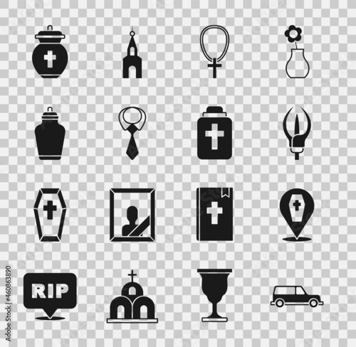 Set Hearse car, Coffin with cross, Lily flower, Christian on chain, Tie, Funeral urn, and icon. Vector