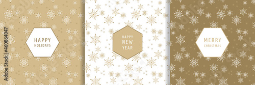 Vector set of seamless patterns. Christmas and New Year background textures with painted elegant snowflakes. Stylish collection for packaging, fabrics, textiles, covers. Luxurious redesign