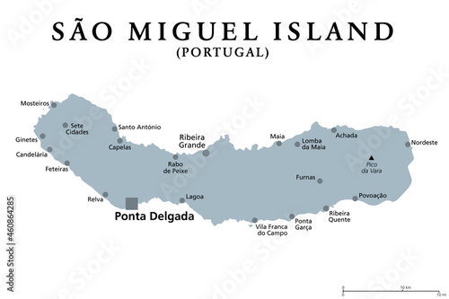 Sao Miguel Island, Azores, Portugal, gray political map with capital Ponta Delgada. Nicknamed The Green Island, the largest and most populous island in the Portuguese archipelago of the Azores. Vector photo
