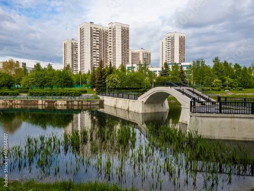 Pedestrian bridge over the pond in Zelenograd Moscow, Russia