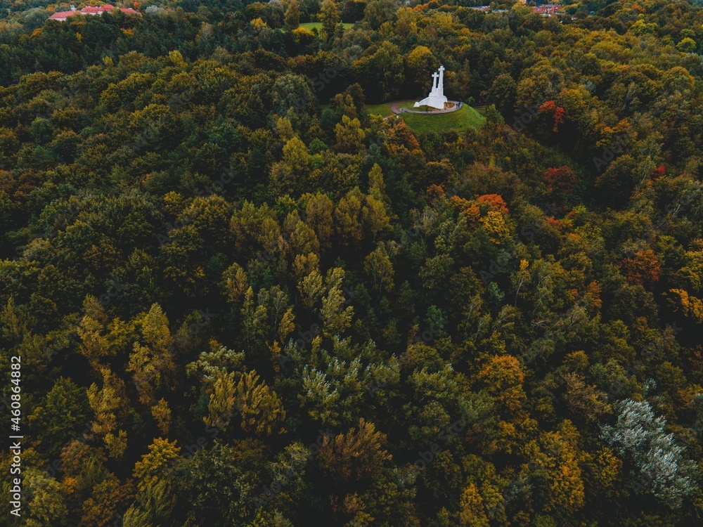 Three Crosses Monument by drone in Vilnius, Lithuania