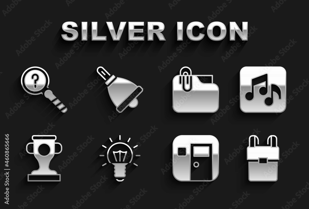 Set Light bulb, Music note, tone, School backpack, classroom, Award cup, Document folder with clip, Unknown search and Ringing bell icon. Vector Set Light bulb, Music note, tone, School backpack, classroom, Award cup, Document folder with clip, Unknown search and Ringing bell icon. Vector