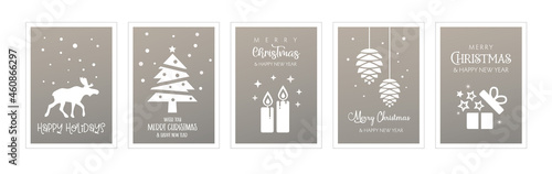 Set of christmas and happy new year greeting cards silver coloured background. Four Vector Illustrations postcards with lettering calligraphy decorative ornament elements