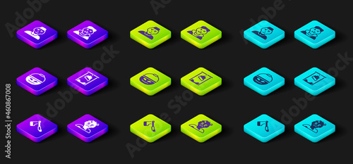 Set Wooden axe, Zombie mask, Pumpkin basket for sweets, Guillotine, Vampire and Priest icon. Vector