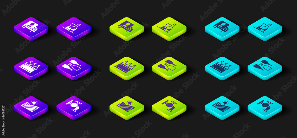 Set Vineyard wine grapes, Tap for barrel, Bottles of box, and Wine truck icon. Vector Set Vineyard wine grapes, Tap for barrel, Bottles of box, and Wine truck icon. Vector