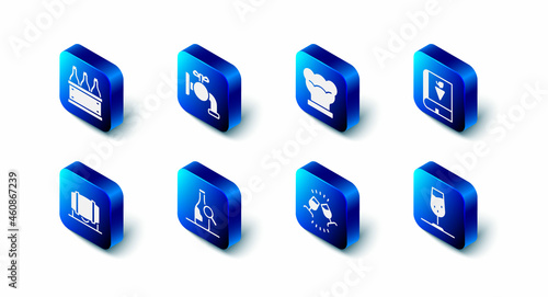 Set Tap for a barrel, Chef hat, Book about grapes, Wine glass, tasting, degustation, Bottle of wine, Wooden and Bottles box icon. Vector