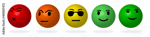 3D  Color Faces Feedback/Mood. Set of five faces scale - sad  neutral smile - isolated vector illustration. 3d design of faces with shadow.  Rank or level of satisfaction rating. EPS10.