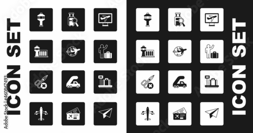 Set Plane, Globe with flying plane, Airport control tower, Tourist suitcase, Lost baggage, Scale and No scissors icon. Vector