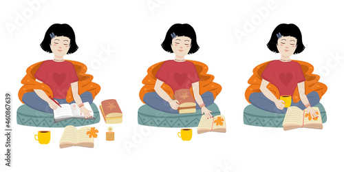 Young Asian girl sitting in a lotus position, wrapped in a blanket with books and a diary. Vector autumn stickers and patches with girls set.