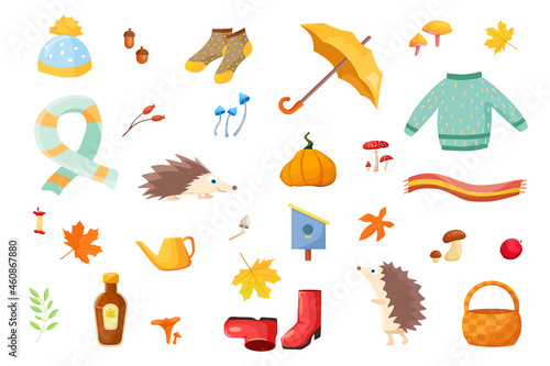 A large autumn set of cartoon elements. Collection of autumn attributes: autumn leaves, forest animals, warm clothes and more. Suitable for stickers and any printing.