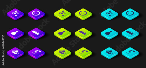 Set Wet wipe pack, Air freshener spray bottle, Garbage bag, Sponge, Robot vacuum cleaner and Home cleaning service icon. Vector