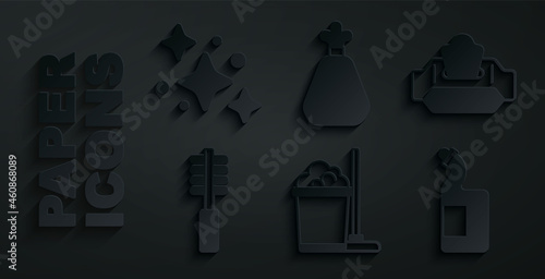 Set Mop and bucket, Wet wipe pack, Toilet brush, Dishwashing liquid bottle, Garbage bag and Home cleaning service icon. Vector