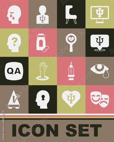 Set Comedy and tragedy masks, Tear cry eye, Psychology, Psi, Armchair, Sedative pills, Head with question mark, Man graves funeral sorrow and Broken heart divorce icon. Vector