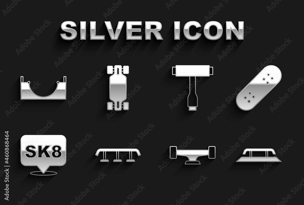 Set Skateboard stairs with rail, wheel, T tool, park and Longboard or skateboard icon. Vector Set Skateboard stairs with rail, wheel, T tool, park and Longboard or skateboard icon. Vector