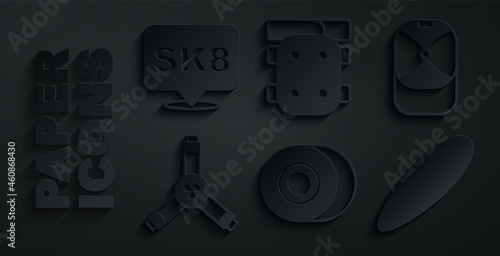 Set Skateboard wheel, Baseball cap, Y-tool, Longboard or skateboard, Knee pads and icon. Vector