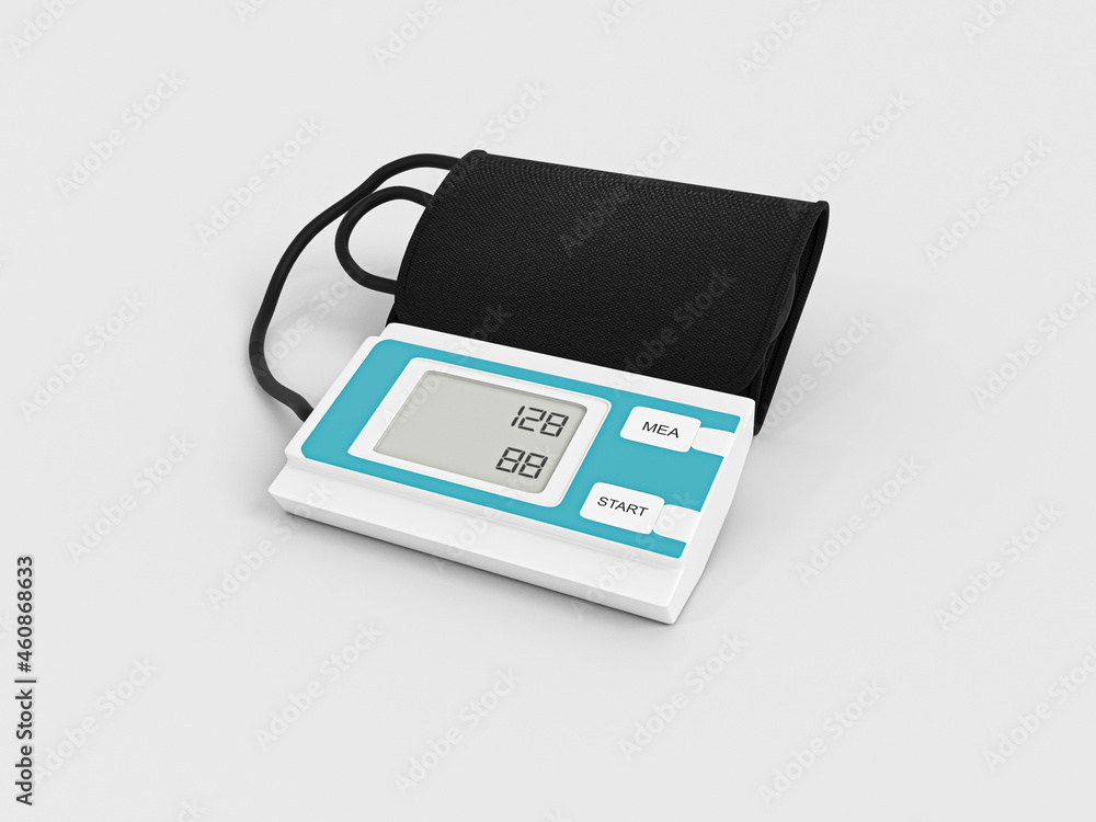Blood pressure monitor on white background in 3D rendered illustration. Medical electronic tonometer. This is an automatic blood pressure monitor. Blood pressure monitor on white background in 3D rendered illustration. Medical electronic tonometer. This is an automatic blood pressure monitor.