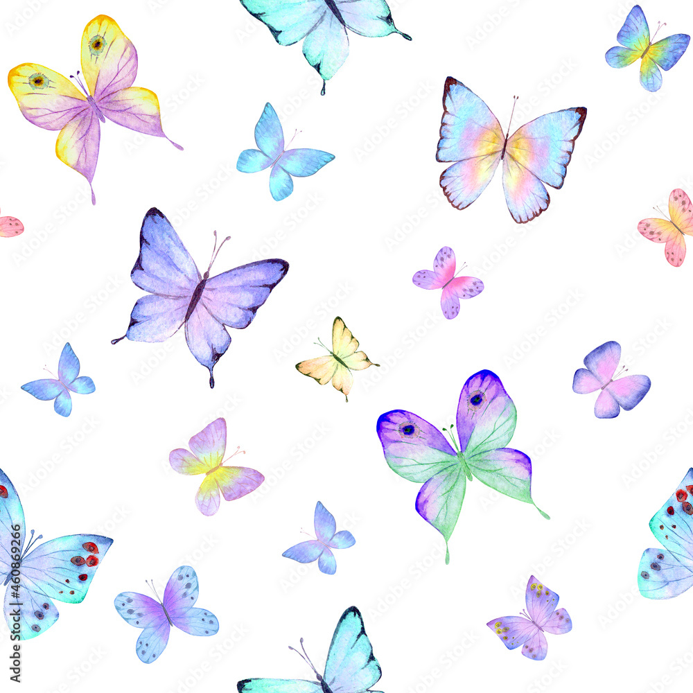 Fototapeta premium Seamless botanical summer pattern with colorful watercolor butterflies