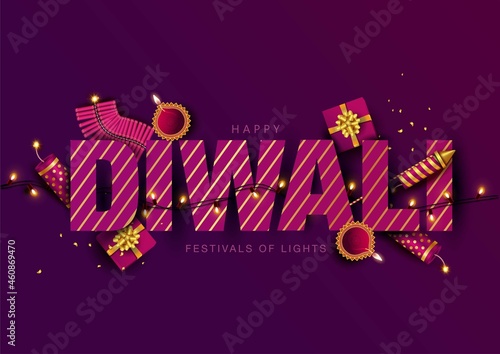 Indian festival Happy Diwali with Diwali props, holiday Background, Diwali celebration greeting card, vector illustration design.