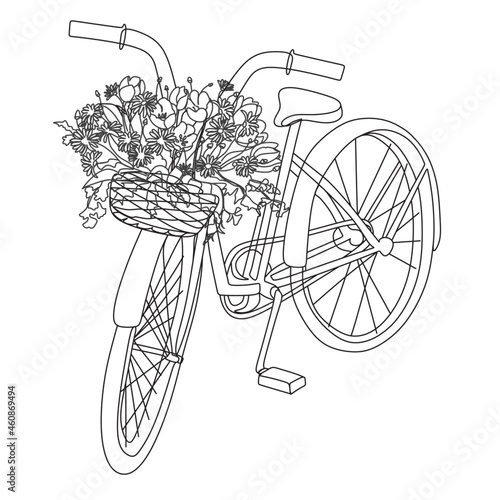 Bicycle and basket of Flowers  line vector drawing.Home decor one line art.Floral Bike one line drawing wall decor.Line art of bicycle decorate with flowers for design elements.