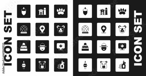 Set Bear paw footprint, Canadian maple leaf, Montreal Biosphere, Acorn, head, Farm house, and Beanie hat icon. Vector