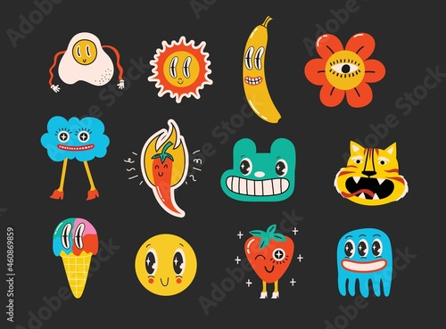 Hand drawn Vector illustrations of Set of Various patches  pins  stamps or stickers with abstract funny cute comic characters.