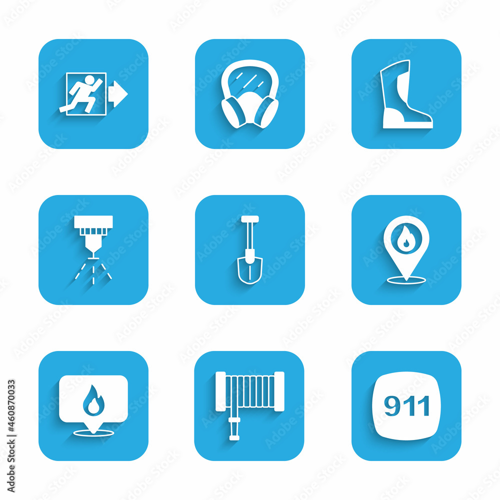 Set Fire shovel, hose reel, Emergency call 911, Location with fire flame, sprinkler system, boots and exit icon. Vector Set Fire shovel, hose reel, Emergency call 911, Location with fire flame, sprinkler system, boots and exit icon. Vector