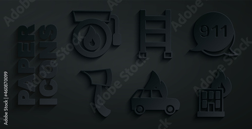 Set Burning car, Emergency call 911, Firefighter axe, burning building, escape and Ringing alarm bell icon. Vector