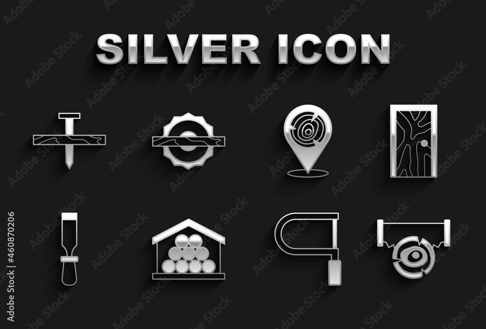 Set Wooden logs, Closed door, Two-handed saw and, Hacksaw, Chisel tool, Metallic nail and Electric circular icon. Vector