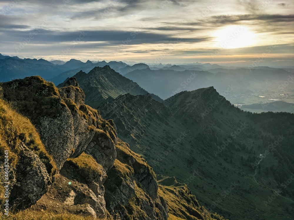 Fototapeta premium Beautiful sunset on the mountain. Peak Speer with a fantastic view of the swiss alps. Beautiful evening mood in autumn