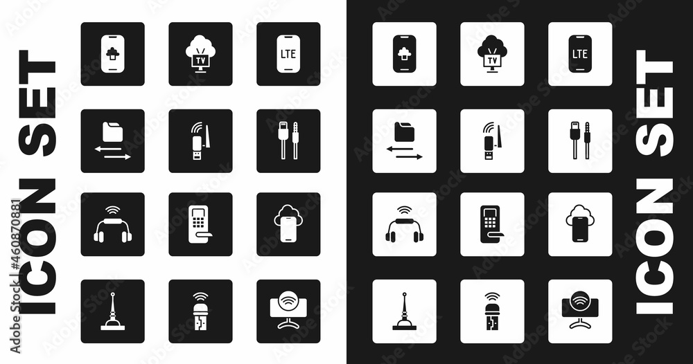 Set LTE network, Usb wireless adapter, Transfer files, Cloud technology data, USB cable cord, Smart Tv, and headphones system icon. Vector
