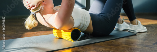 Photos Myofascial release massage Fitness, fit, Girl engaged in stretching fascia by fitness gym