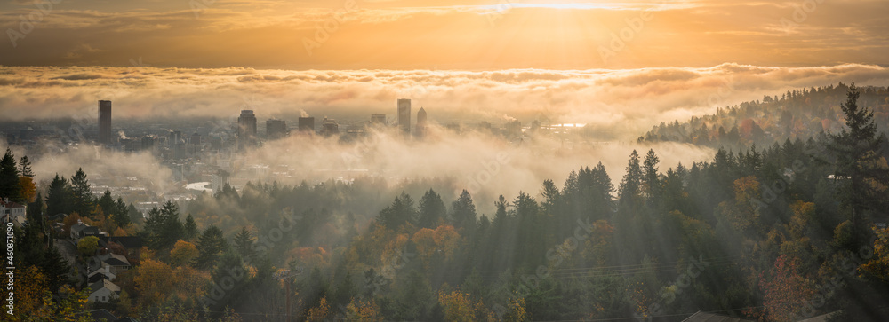 Portland Downtown misty rolling fog and autumn foliage in high resolution panorama - obrazy, fototapety, plakaty 