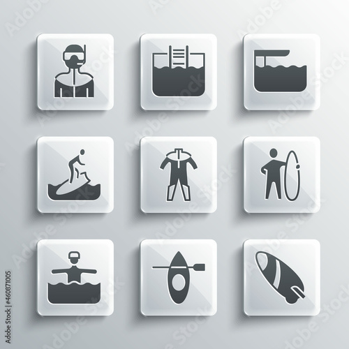 Set Kayak and paddle, Surfboard, Wetsuit for scuba diving, Water gymnastics, and Diving springboard icon. Vector