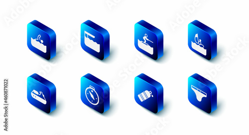 Set Diving board or springboard, Water skiing man, Windsurfing, Swimming trunks, Aqualung, Compass, Jet and Swimmer icon. Vector