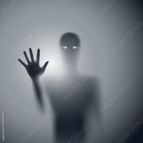 Shadow Blur of Horror Man with White Eyes Behind the Matte Glass. Blurry Hand, Body Figure Abstraction, and One Palm. The Reflection of the Silhouette Through the Light.