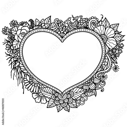 Mandala flowers around heart frame for printing, engraving or coloring page. Vector illustration.