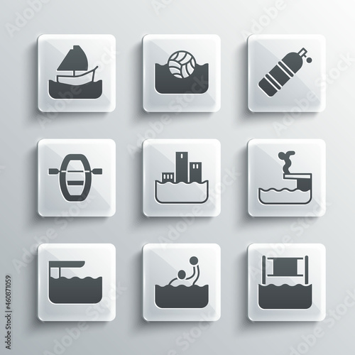 Set Water polo, volleyball net, Swimmer diving into pool, Winner podium, Diving board or springboard, Boat with oars, Yacht sailboat and Aqualung icon. Vector