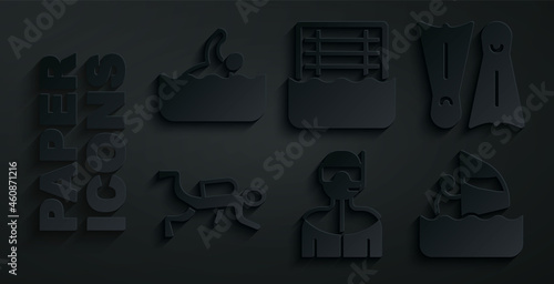 Set Wetsuit for scuba diving, Flippers swimming, Scuba diver, Windsurfing, Water polo and Swimmer icon. Vector