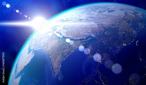 Earth, Asia side - sun glare and city lights in the India, Bangladesh, China, Thailand, Vietnam. Elements of this image furnished by NASA - 3D illustration