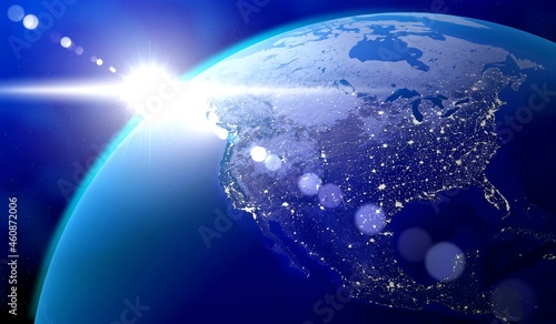Fototapeta Naklejka Na Ścianę i Meble -  Earth, North America side - sun glare and city lights in the USA and Canada. Elements of this image furnished by NASA - 3D illustration