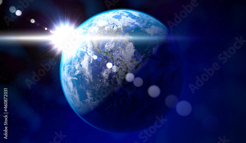 Earth - view from space at North, South and Central America, sun glare. Elements of this image furnished by NASA - 3D illustration