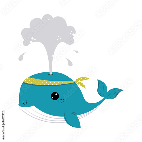 Cute Whale as Sea Animal in Bandana Floating and Blowing Vector Illustration