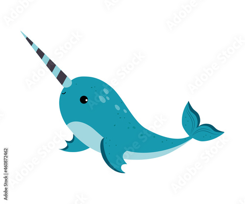 Cute Narwhal as Sea Animal with Long Tusk Floating Underwater Vector Illustration